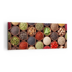 Obraz na płótnie - Kolorowe przyprawy w okrągłych pojemnikach - 120x50cm - Wszystkie smaki świata - Nowoczesna dekoracja ścienna do salonu i sypialni ARTTOR