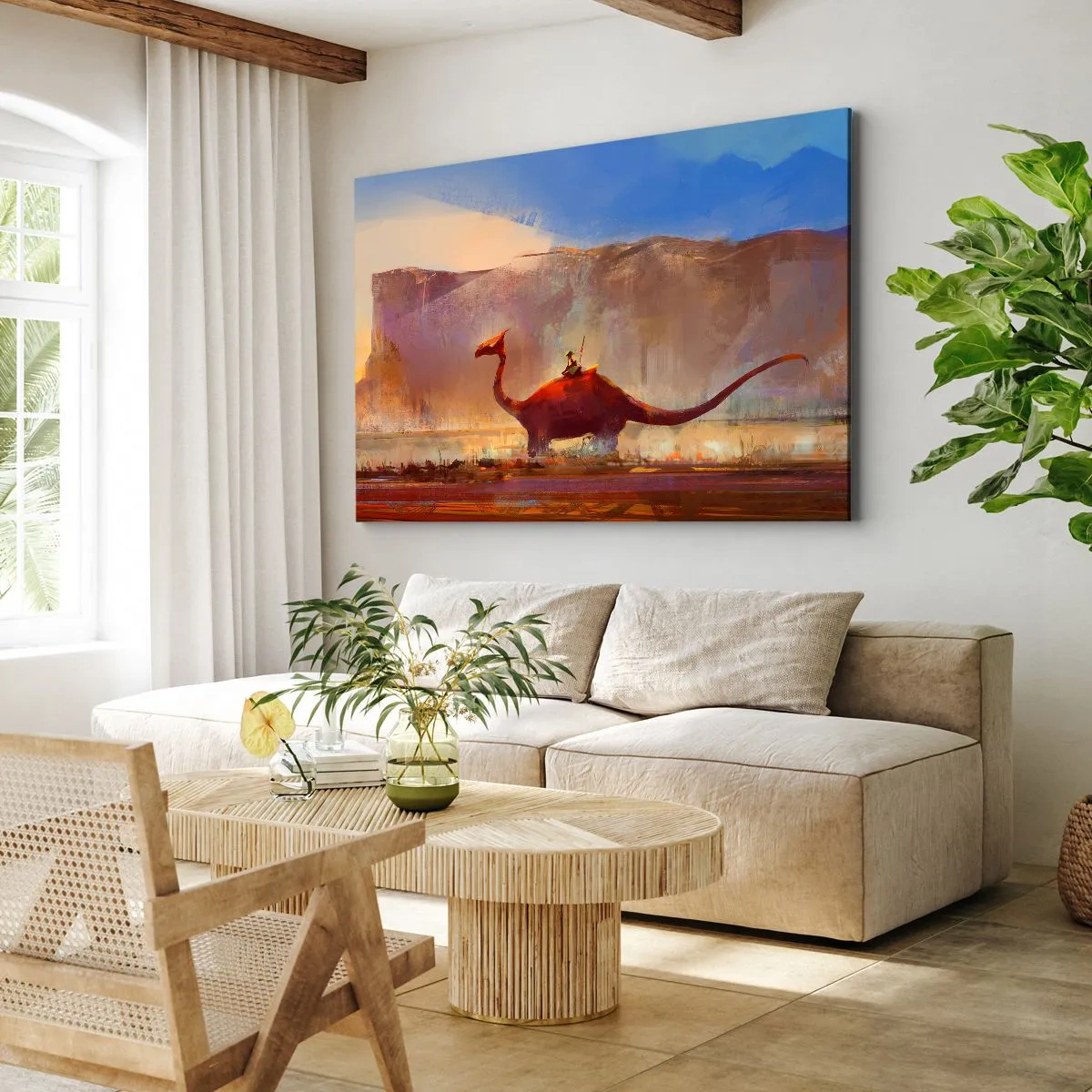 Obraz na płótnie - Fantazyjna scena z jeźdźcem na prehistorycznym stworzeniu - 70x50cm - Gdyby nie wyginęły - Nowoczesna dekoracja ścienna do salonu i sypialni ARTTOR