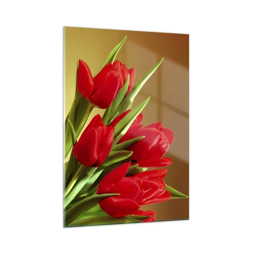 Obraz na szkle - Bukiet czerwonych tulipanów na złotym tle - 50x70cm - Pęk wiosennej radości - Nowoczesna dekoracja ścienna do salonu, kuchni i sypialni ARTTOR