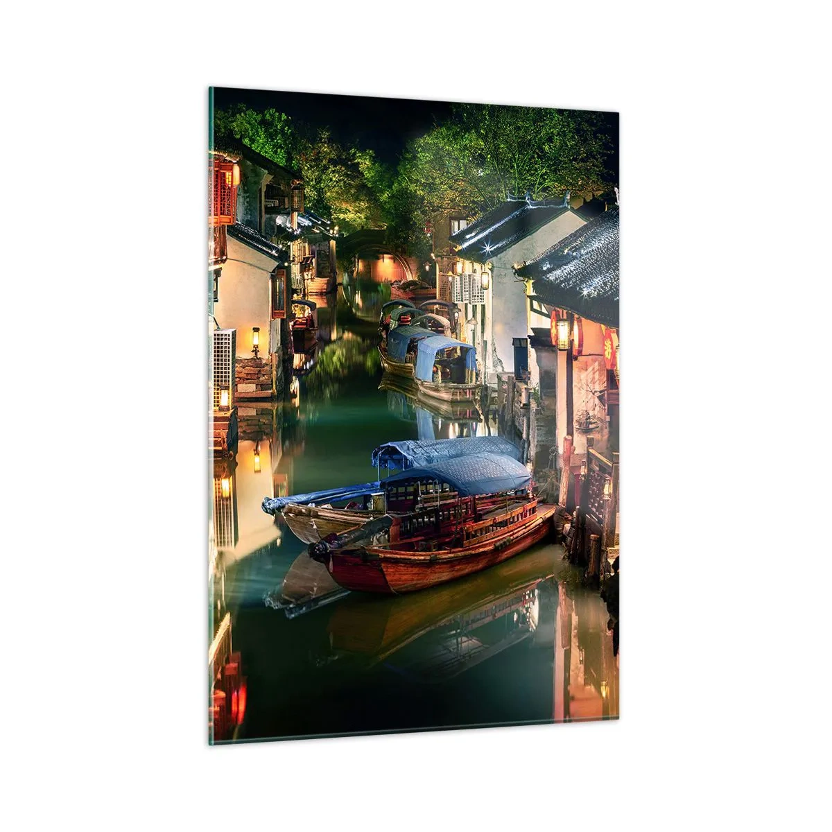 Obraz na szkle - Chińska ulica nocą z łodziami i światłami wzdłuż kanału - 50x70cm - Wieczór na chińskiej ulicy - Nowoczesna dekoracja ścienna do salonu, kuchni i sypialni ARTTOR