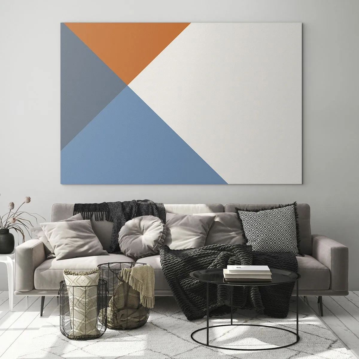 Obraz na szkle - Geometryczna kompozycja z kolorowymi trójkątami - 70x50cm - Pod kątem… - Nowoczesna dekoracja ścienna do salonu i sypialni ARTTOR
