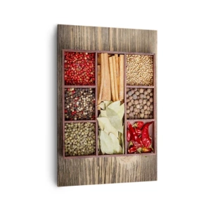 Obraz na płótnie - Drewniane pudełko z różnorodnymi przyprawami w przegródkach - 70x100cm - Porządek kształtów, bukiet aromatów - Nowoczesna dekoracja ścienna do salonu i sypialni ARTTOR