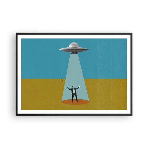 Plakat w czarnej ramie - Człowiek w świetle UFO na tle kolorowego pejzażu - 100x70cm - Bliskie spotkanie - Nowoczesna dekoracja ścienna do salonu i sypialni ARTTOR