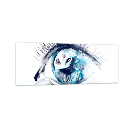 Obraz na szkle - Oko z wizerunkiem sowy w akwarelowych odcieniach niebieskiego - 140x50cm - Oko w oko z dzikością - Nowoczesna dekoracja ścienna do salonu i sypialni ARTTOR