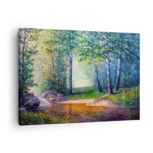 Obraz na płótnie - Leśny strumyk otoczony brzozami i słońcem - 70x50cm - Sielankowa sceneria - Nowoczesna dekoracja ścienna do salonu i sypialni ARTTOR