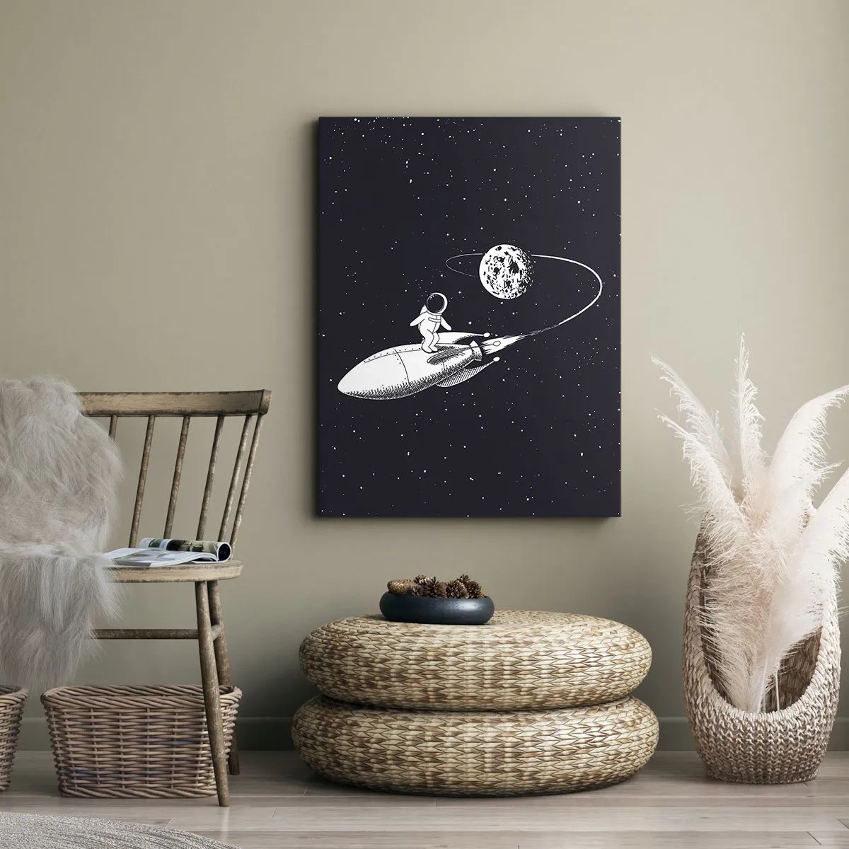 Obraz na płótnie - Astronauta na rakiecie w przestrzeni kosmicznej - 70x100cm - Kosmiczny surfer - Nowoczesna dekoracja ścienna do salonu i sypialni ARTTOR