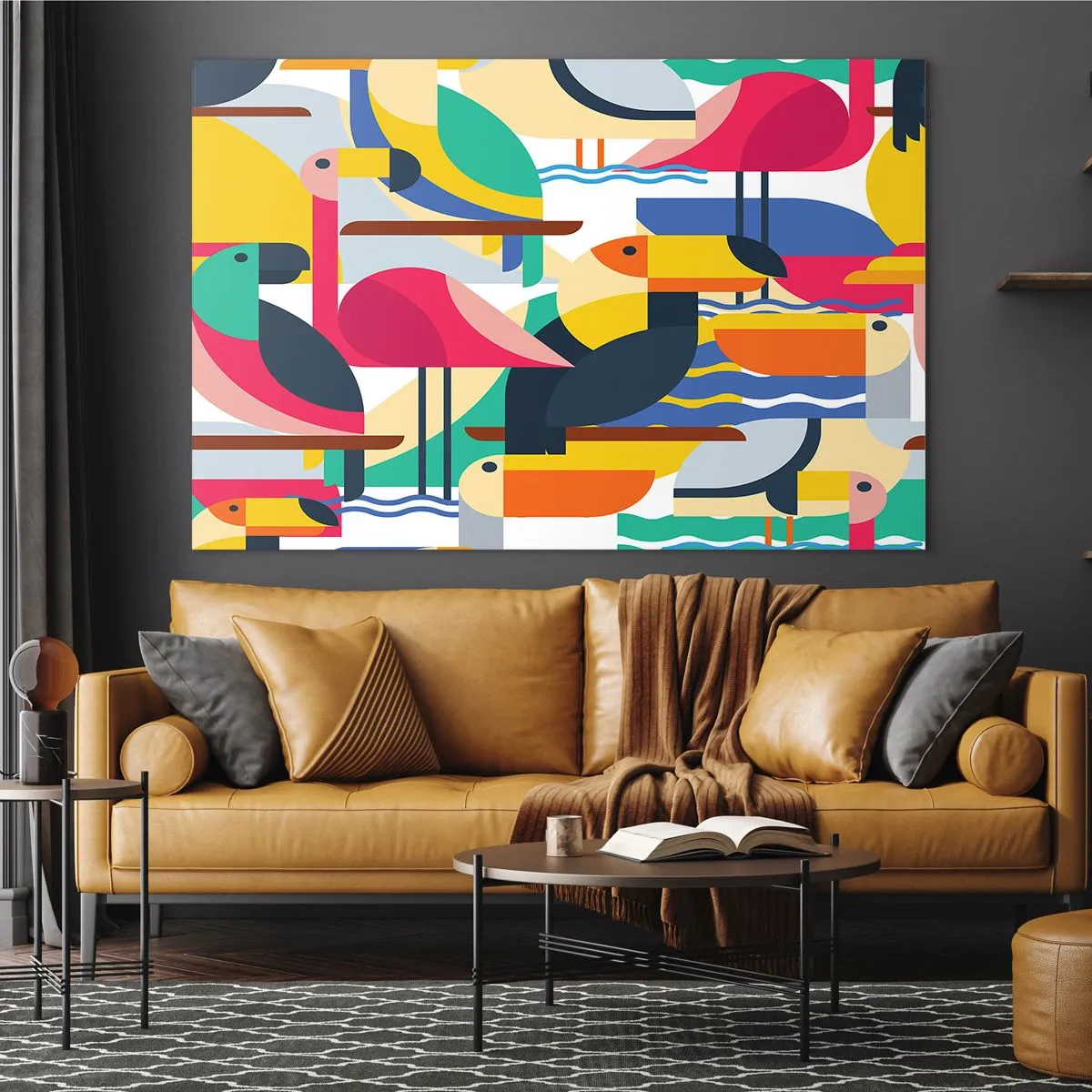 Obraz na szkle - Abstrakcyjna ilustracja kolorowych ptaków w geometrycznym stylu - 100x70cm - Ptasie party - Nowoczesna dekoracja ścienna do salonu, kuchni i sypialni ARTTOR