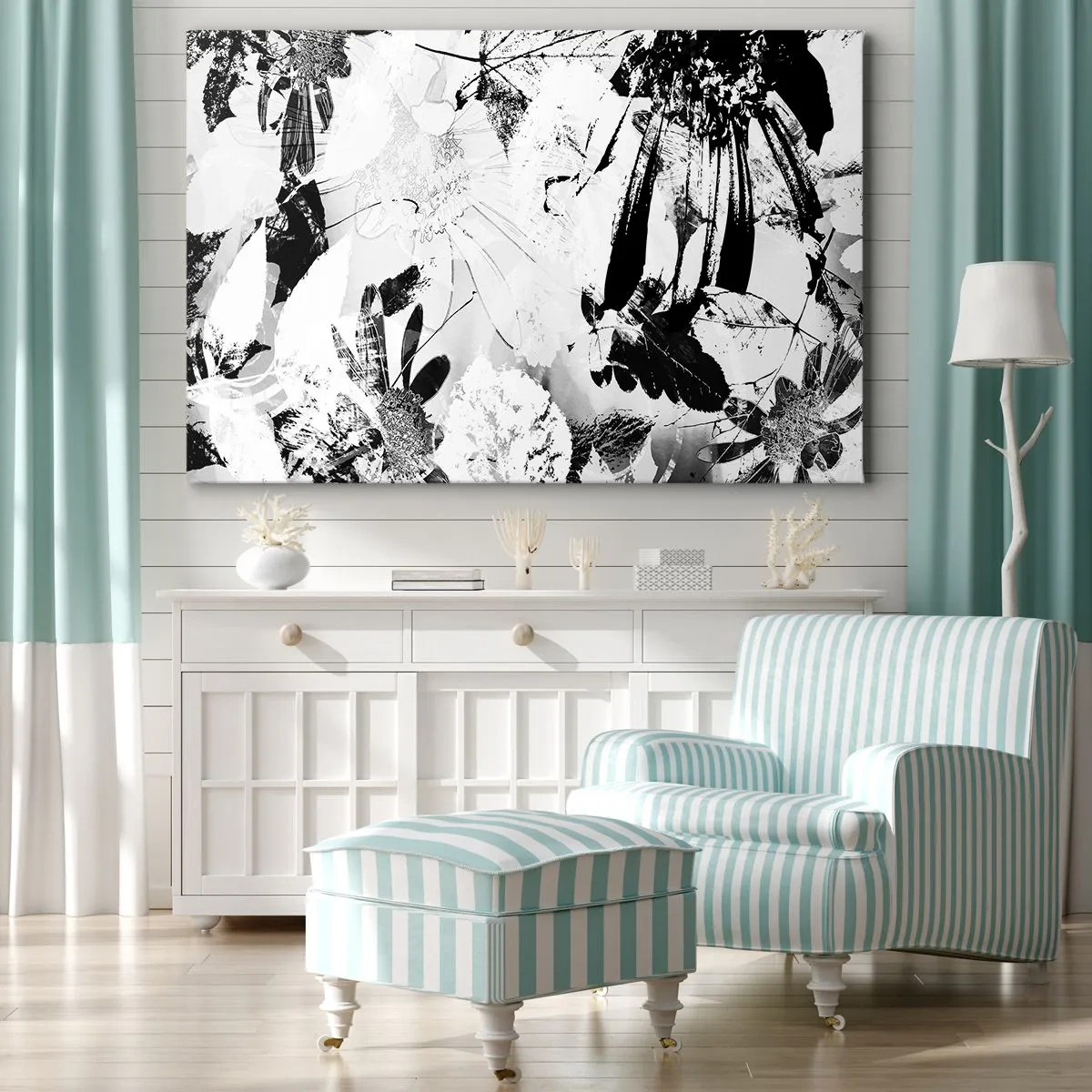 Obraz na płótnie - Czarno-białe abstrakcyjne kwiaty w minimalistycznym stylu - 100x70cm - Jesień w negatywie - Nowoczesna dekoracja ścienna do salonu, kuchni i sypialni ARTTOR