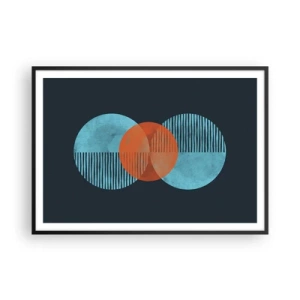Plakat w czarnej ramie - Geometryczne koła w odcieniach niebieskiego i pomarańczowego - 100x70cm - Kompozycja symetryczna - Nowoczesna dekoracja ścienna do salonu i sypialni ARTTOR