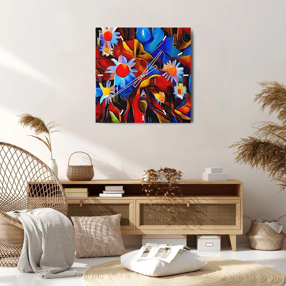 Zegar ścienny - Abstrakcyjne kwiaty na tle geometrycznych wzorów - 30x30cm - Kolory życia - Nowoczesna dekoracja ścienna do salonu i sypialni ARTTOR