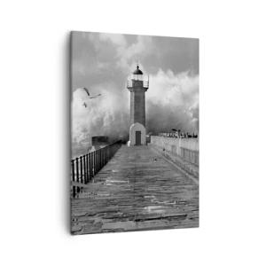 Obraz na płótnie - Latarnia morska na końcu molo z ogromną falą uderzającą w tle - 50x70cm - Nieustraszona  - Nowoczesna dekoracja ścienna do salonu, kuchni i sypialni ARTTOR