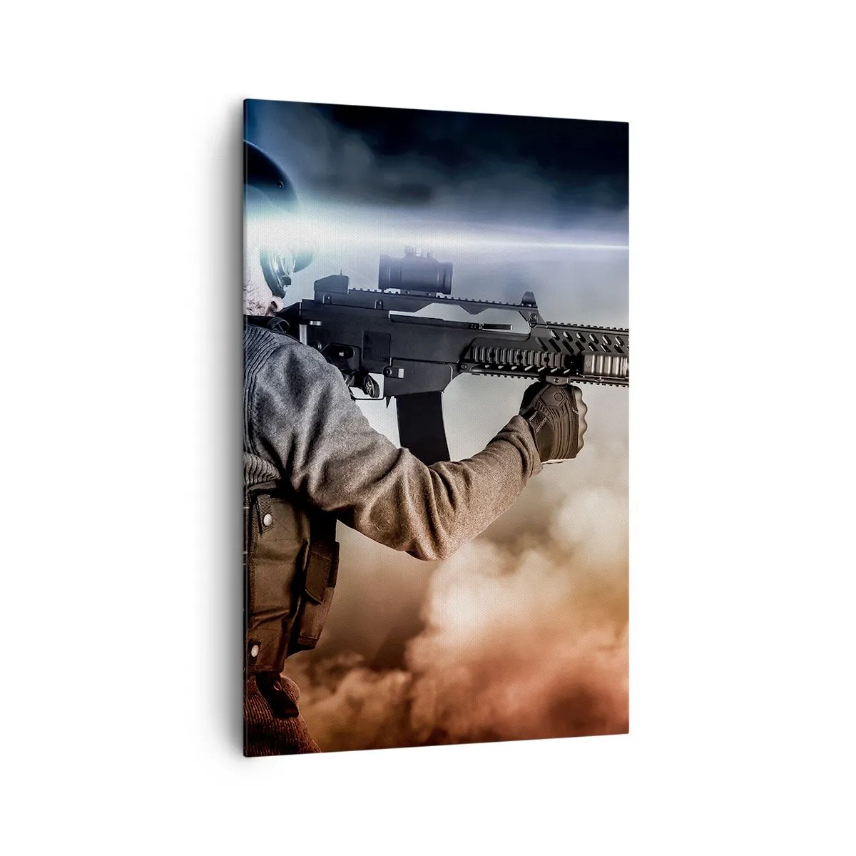 Obraz na płótnie - Żołnierz w akcji z karabinem na tle chmur i światła - 80x120cm - Po prostu bohater - Nowoczesna dekoracja ścienna do salonu i sypialni ARTTOR