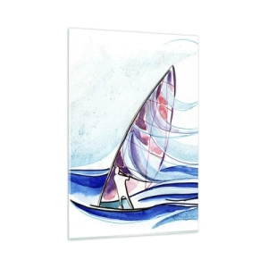 Obraz na szkle - Surfer na falach w abstrakcyjnej kompozycji akwarelowej - 80x120cm - Z wiatrem w rytmie fal - Nowoczesna dekoracja ścienna do salonu i sypialni ARTTOR