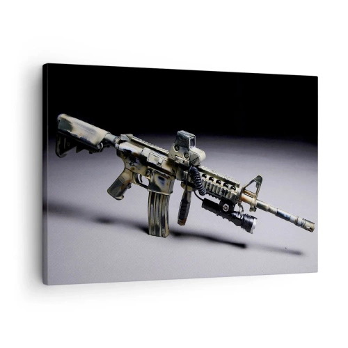 Obraz na płótnie - Nowoczesna broń w kolorze kamuflażu na ciemnym tle - 70x50cm - Zawsze grożny - Nowoczesna dekoracja ścienna do salonu i sypialni ARTTOR