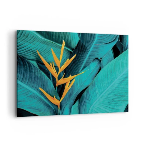 Obraz na płótnie - Egzotyczny kwiat na tle liści bananowca w turkusowych odcieniach - 120x80cm - Kwiat Edenu - Nowoczesna dekoracja ścienna do salonu, kuchni i sypialni ARTTOR