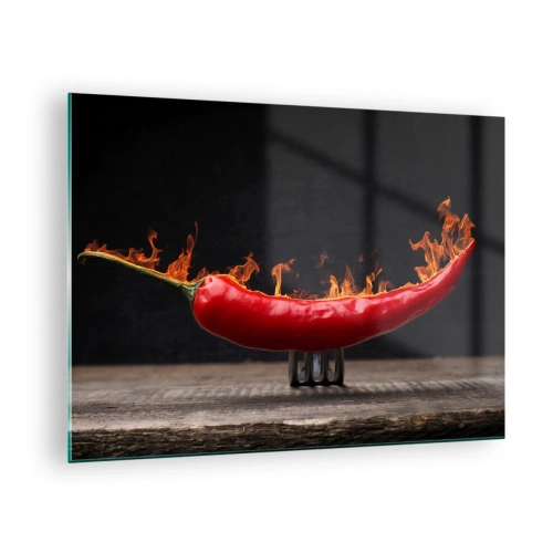 Obraz na szkle - Płonąca czerwona papryczka chili na czarnym tle - 70x50cm - Ognista zakąska - Nowoczesna dekoracja ścienna do salonu i sypialni ARTTOR