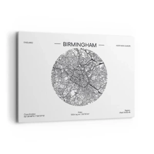 Obraz na płótnie - Minimalistyczna mapa Birmingham w czarno-białej kolorystyce z precyzyjnymi detalami - 100x70cm - Anatomia Birmingham - Nowoczesna dekoracja ścienna do salonu, kuchni i sypialni ARTTOR