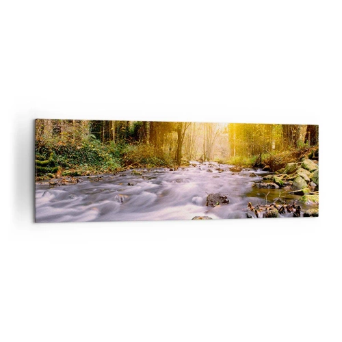 Obraz na płótnie - Leśny strumień oświetlony promieniami słońca - 160x50cm - Malachit w srebrno-złotej oprawie - Nowoczesna dekoracja ścienna do salonu i sypialni ARTTOR