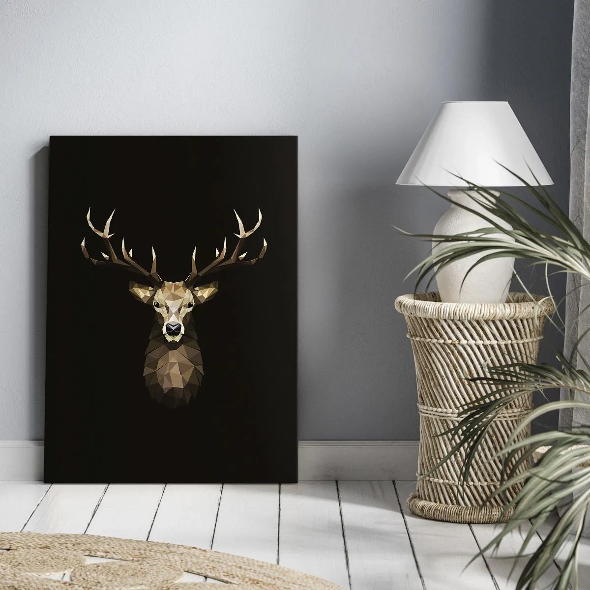 Obraz na płótnie - Geometryczna ilustracja jelenia na czarnym tle w stylu low poly - 50x70cm - Kubistyczny jeleń - Nowoczesna dekoracja ścienna do salonu, kuchni i sypialni ARTTOR