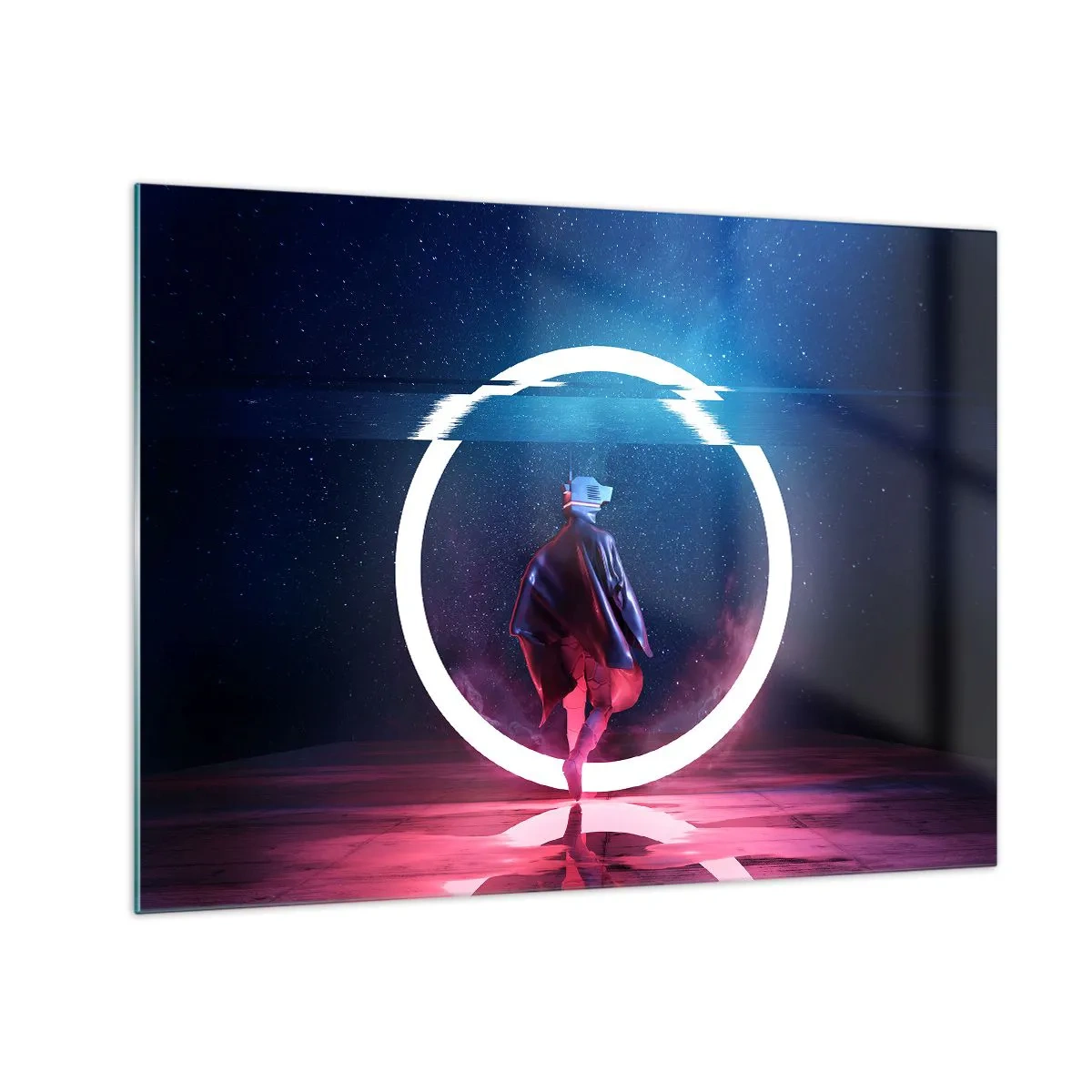 Obraz na szkle - Postać w futurystycznej scenerii z neonowym pierścieniem - 70x50cm - Między światami - Nowoczesna dekoracja ścienna do salonu i sypialni ARTTOR