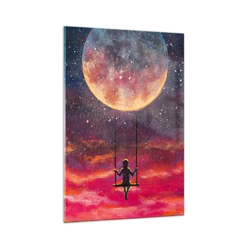 Obraz na szkle - Postać na huśtawce zawieszonej na tle księżyca - 80x120cm - Bujać w obłokach - Nowoczesna dekoracja ścienna do salonu i sypialni ARTTOR