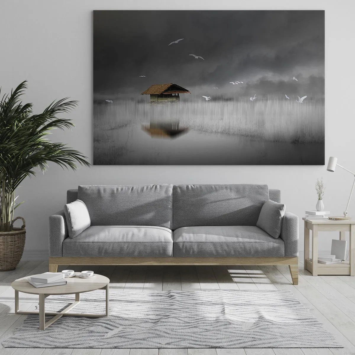 Obraz na szkle - Domek na wodzie we mgle z lecącymi ptakami - 70x50cm - Schronienie przed deszczem - Nowoczesna dekoracja ścienna do salonu i sypialni ARTTOR