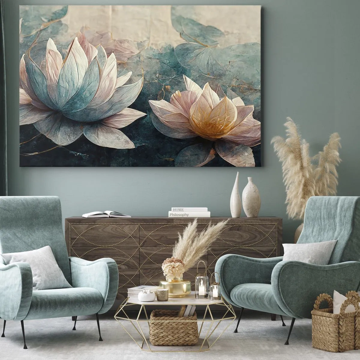 Obraz na płótnie - Subtelne lilie wodne w pastelowych odcieniach błękitu i złota - 70x50cm - Gwiazdy jeziora - Nowoczesna dekoracja ścienna do salonu i sypialni ARTTOR