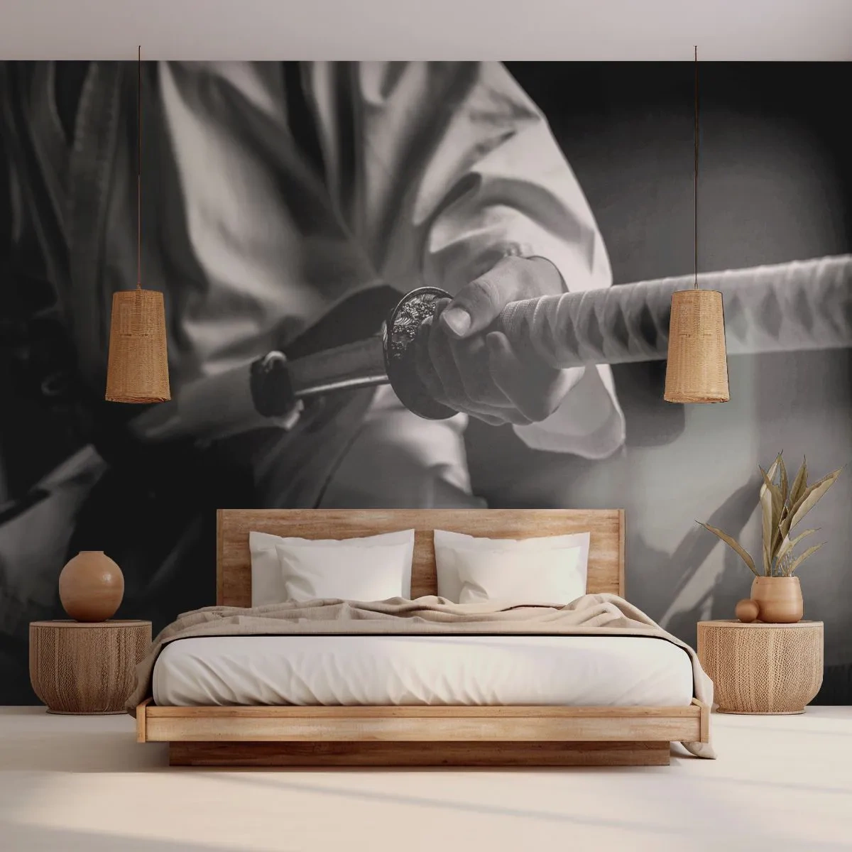 Fototapeta Premium Canvas - Samuraj w kimono trzymający katanę w czarno-białej tonacji - 100x70cm - Dusza wojownika - Nowoczesna dekoracja ścienna do salonu i sypialni ARTTOR