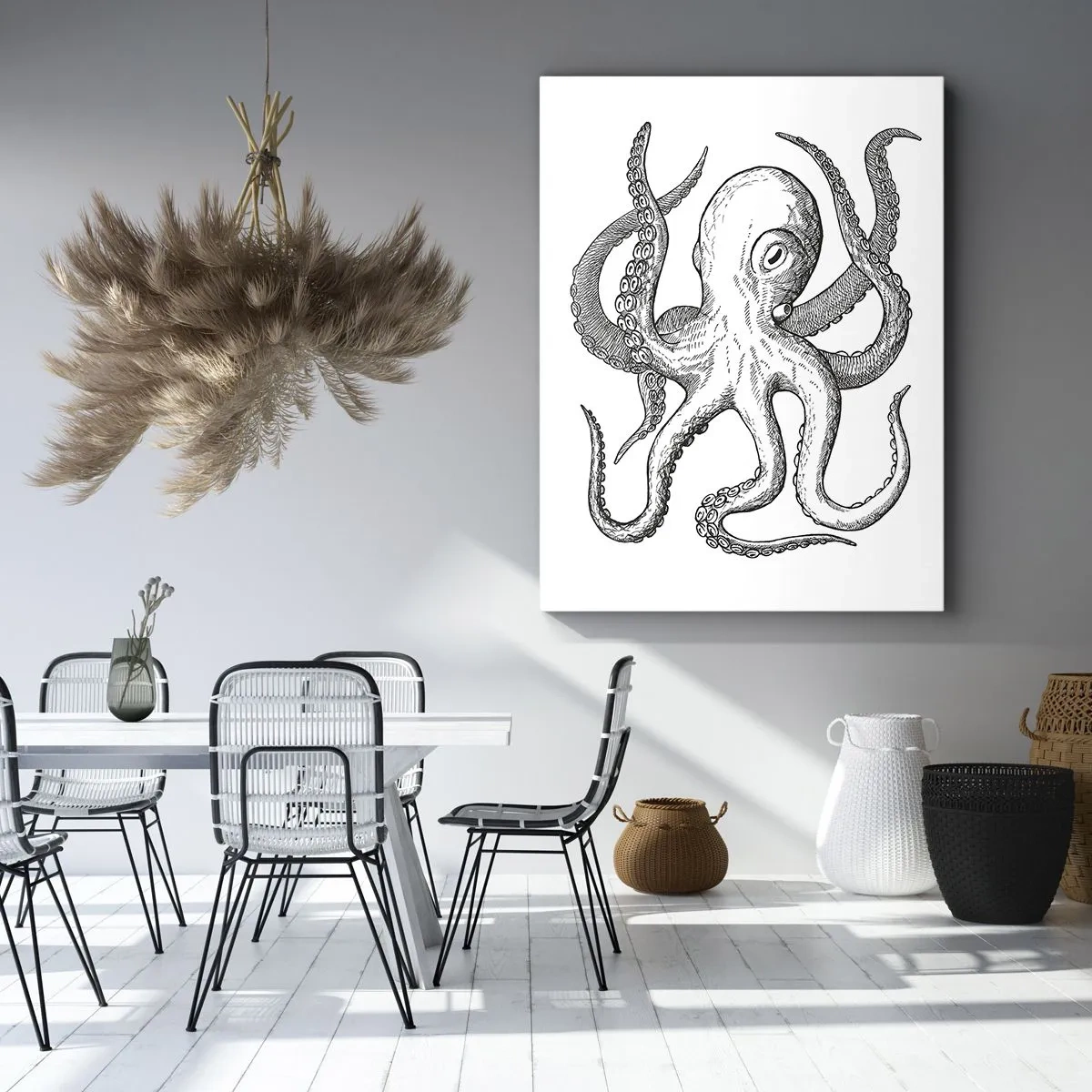 Obraz na płótnie - Czarno-biała ilustracja ośmiornicy w stylu vintage - 50x70cm - Tańcząca z falami - Nowoczesna dekoracja ścienna do salonu, kuchni i sypialni ARTTOR