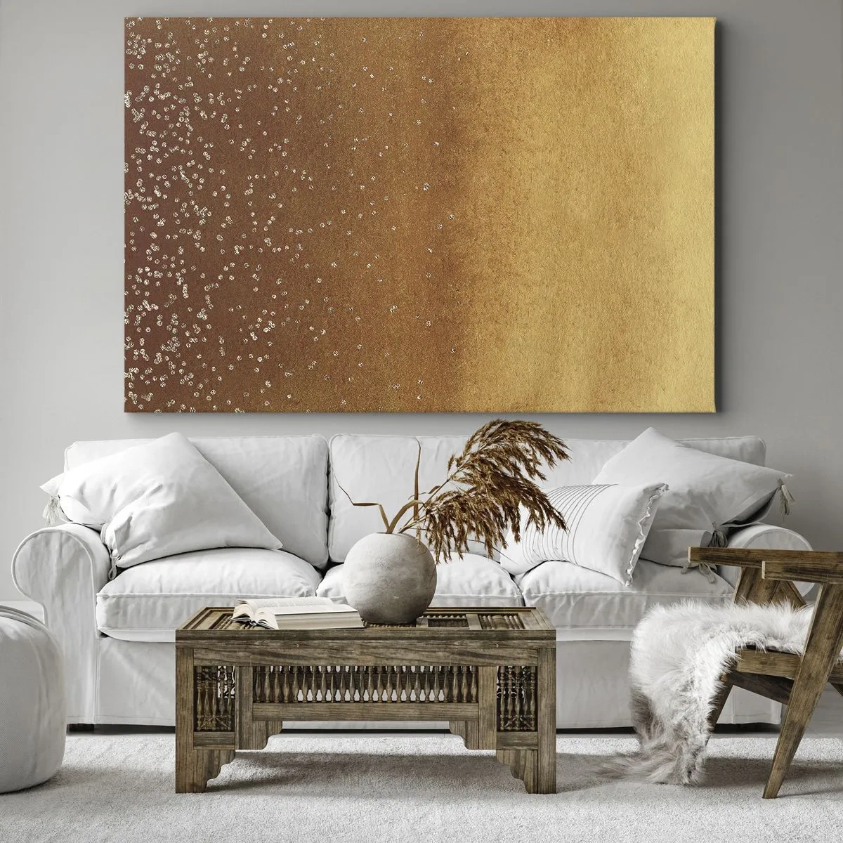 Obraz na płótnie - Złoty gradient z subtelnym połyskiem i zdobieniem - 70x50cm - Narodziny światła - Nowoczesna dekoracja ścienna do salonu i sypialni ARTTOR