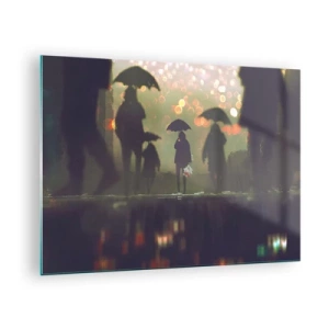 Obraz na szkle - Postacie z parasolami w deszczu na tle świateł miasta - 70x50cm - Z perspektywy kropli deszczu - Nowoczesna dekoracja ścienna do salonu i sypialni ARTTOR