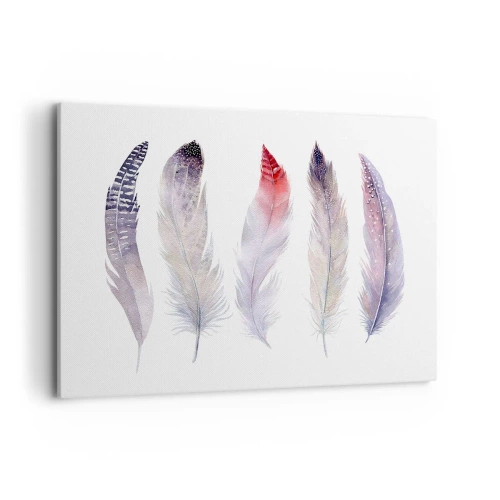Obraz na płótnie - Pięć delikatnych piór w pastelowych odcieniach na jasnym tle - 120x80cm - Delikatne jak różnobarwna mgła - Nowoczesna dekoracja ścienna do salonu, kuchni i sypialni ARTTOR