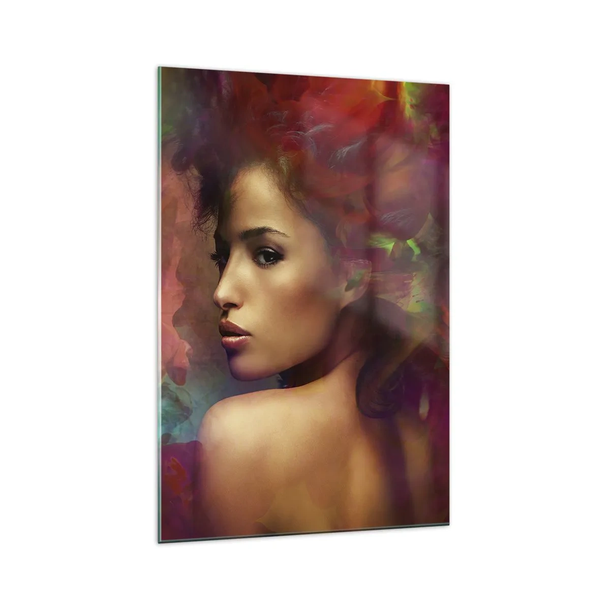 Obraz na szkle - Kobieta z kolorowymi refleksami tworzącymi abstrakcyjne tło - 70x100cm - Piękniejsza od tęczy, delikatna jak mgła - Nowoczesna dekoracja ścienna do salonu i sypialni ARTTOR