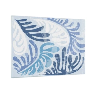 Obraz na szkle - Dekoracyjne liście paproci w odcieniach błękitu na jasnym tle - 70x50cm - Błękitne paprocie - Nowoczesna dekoracja ścienna do salonu i sypialni ARTTOR