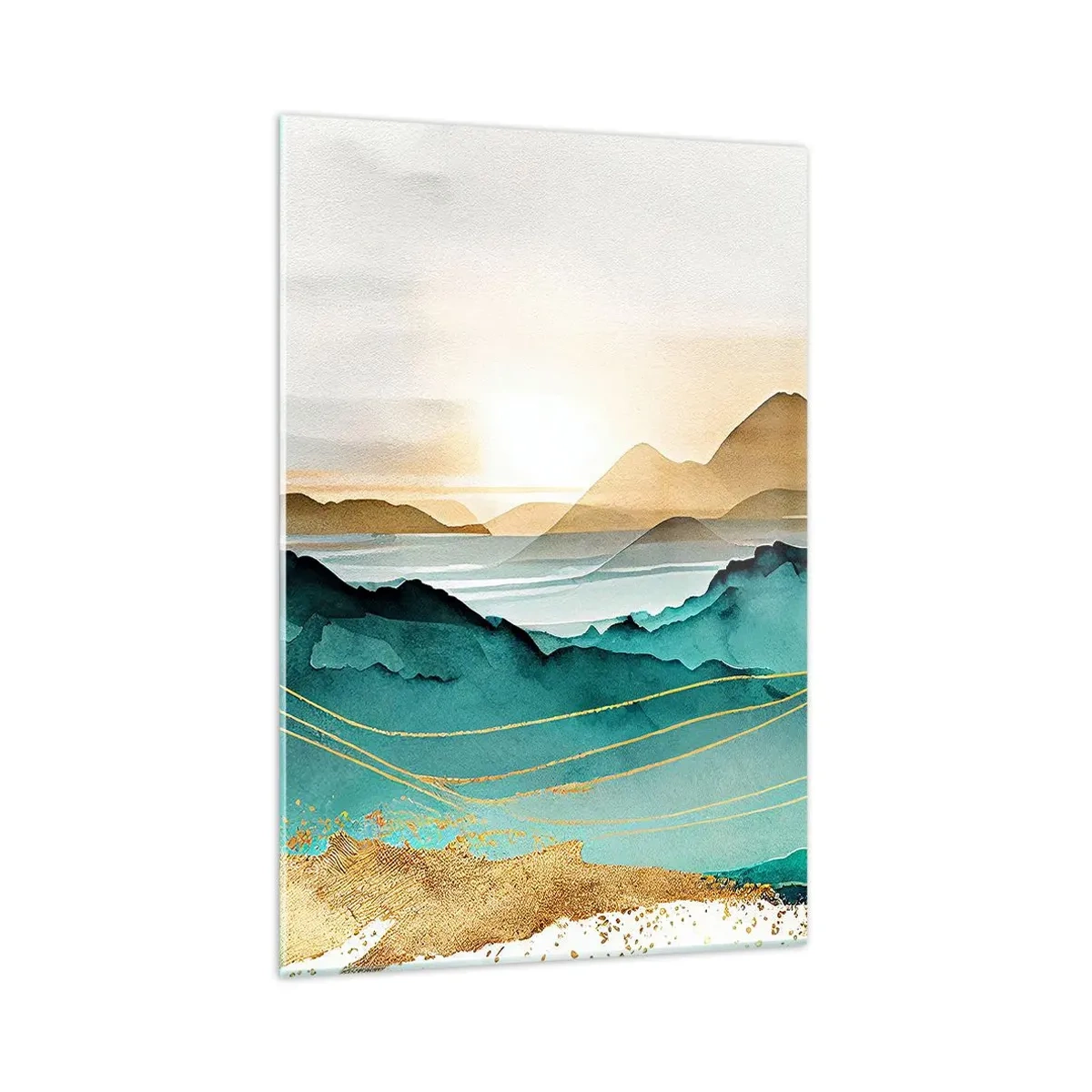 Obraz na szkle - Abstrakcyjny pejzaż z górami i złotymi akcentami - 70x100cm - Na granicy abstrakcji – pejzaż - Nowoczesna dekoracja ścienna do salonu i sypialni ARTTOR