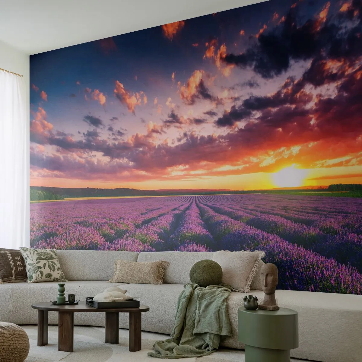 Fototapeta Premium Sand - Lawendowe pole o zachodzie słońca - 100x70cm - Lawendowy świat - Nowoczesna dekoracja ścienna do salonu, kuchni i sypialni ARTTOR