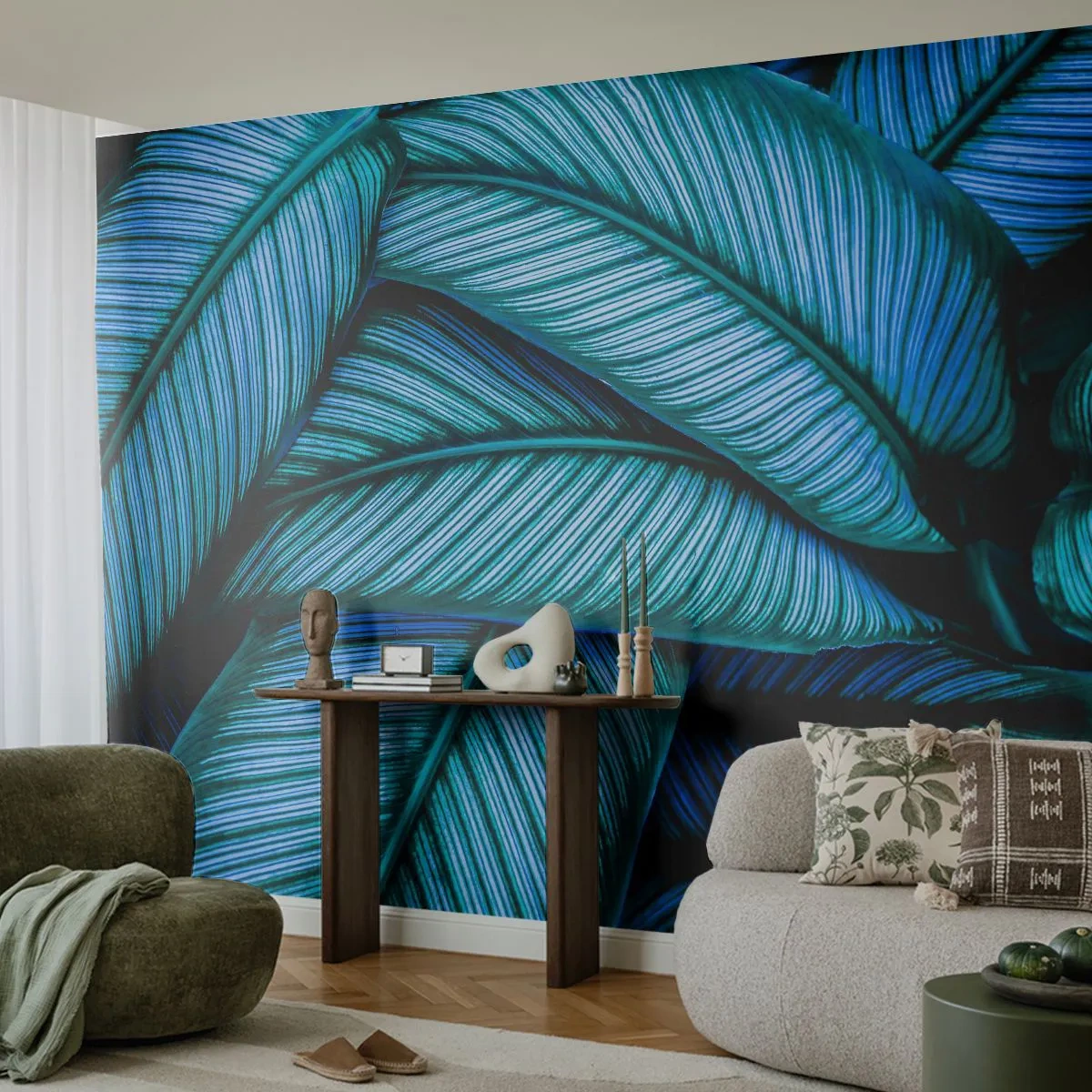 Fototapeta Premium Sand - Turkusowe liście z intensywnym żyłkowaniem w zbliżeniu - 100x70cm - Linie życia - Nowoczesna dekoracja ścienna do salonu, kuchni i sypialni ARTTOR