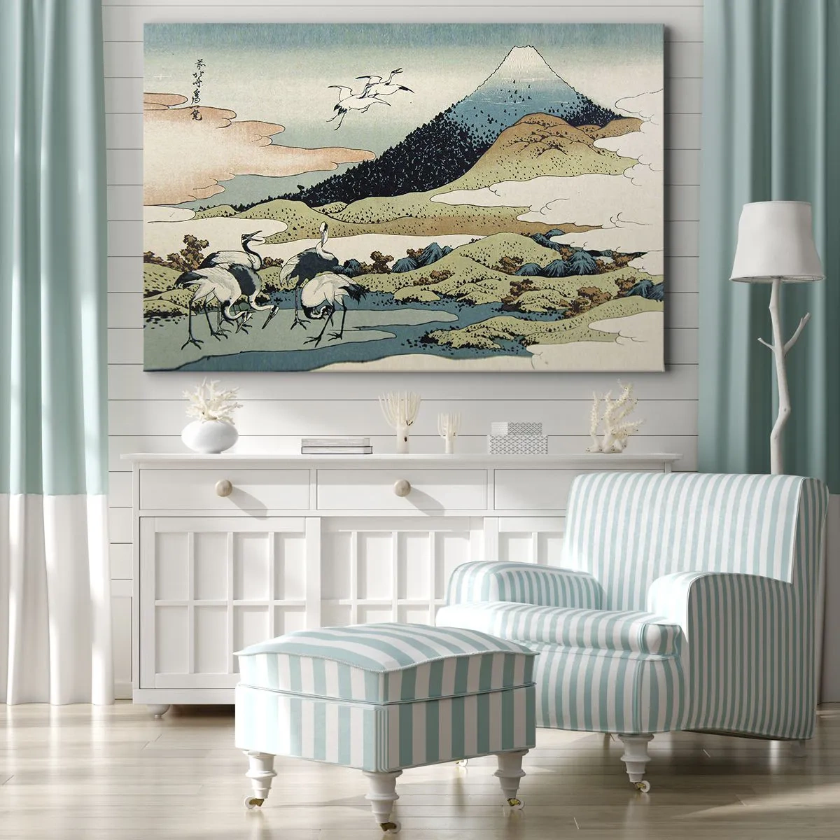 Obraz na płótnie - Tradycyjna japońska grafika z górami i żurawiami - 70x50cm - W japońskim duchu - Nowoczesna dekoracja ścienna do salonu i sypialni ARTTOR