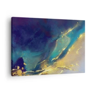 Obraz na płótnie - Abstrakcyjna kompozycja w odcieniach niebieskiego i złotego na płótnie - 70x50cm - Złote rozlewisko - Nowoczesna dekoracja ścienna do salonu i sypialni ARTTOR