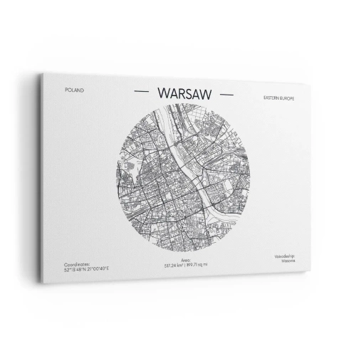 Obraz na płótnie - Mapa Warszawy w minimalistycznym stylu - 120x80cm - Anatomia Warszawy - Nowoczesna dekoracja ścienna do salonu, kuchni i sypialni ARTTOR