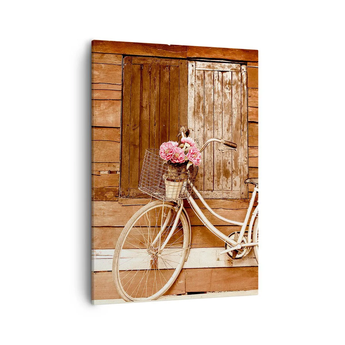 Obraz na płótnie - Retro rower z koszem pełnym kwiatów przy drewnianej ścianie - 50x70cm - Zaraz wracam - Nowoczesna dekoracja ścienna do salonu, kuchni i sypialni ARTTOR