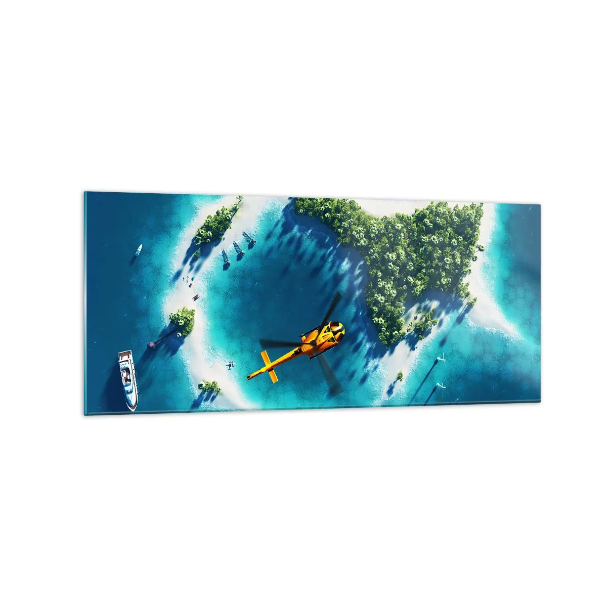 Obraz na szkle - Tropikalna wyspa otoczona turkusową wodą z widocznym helikopterem - 120x50cm - Kup sobie wyspę - Nowoczesna dekoracja ścienna do salonu i sypialni ARTTOR