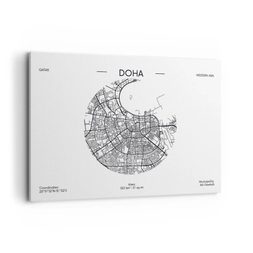 Obraz na płótnie - Minimalistyczna mapa Dohy w czarno-białej kolorystyce z precyzyjnymi detalami - 100x70cm - Anatomia Dohy - Nowoczesna dekoracja ścienna do salonu, kuchni i sypialni ARTTOR
