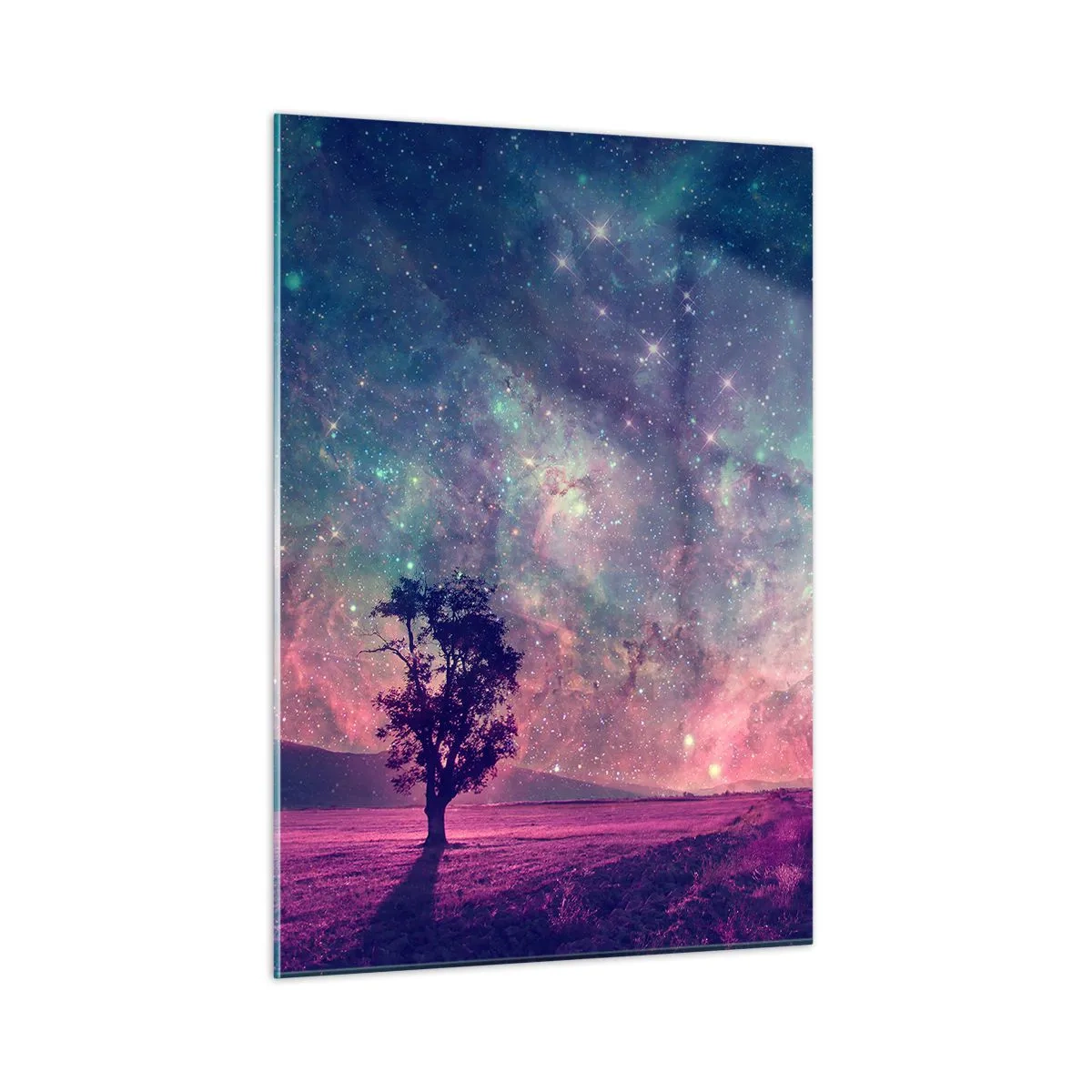 Obraz na szkle - Drzewo na tle rozgwieżdżonego nieba i galaktyki - 50x70cm - Pod magicznym niebem - Nowoczesna dekoracja ścienna do salonu, kuchni i sypialni ARTTOR