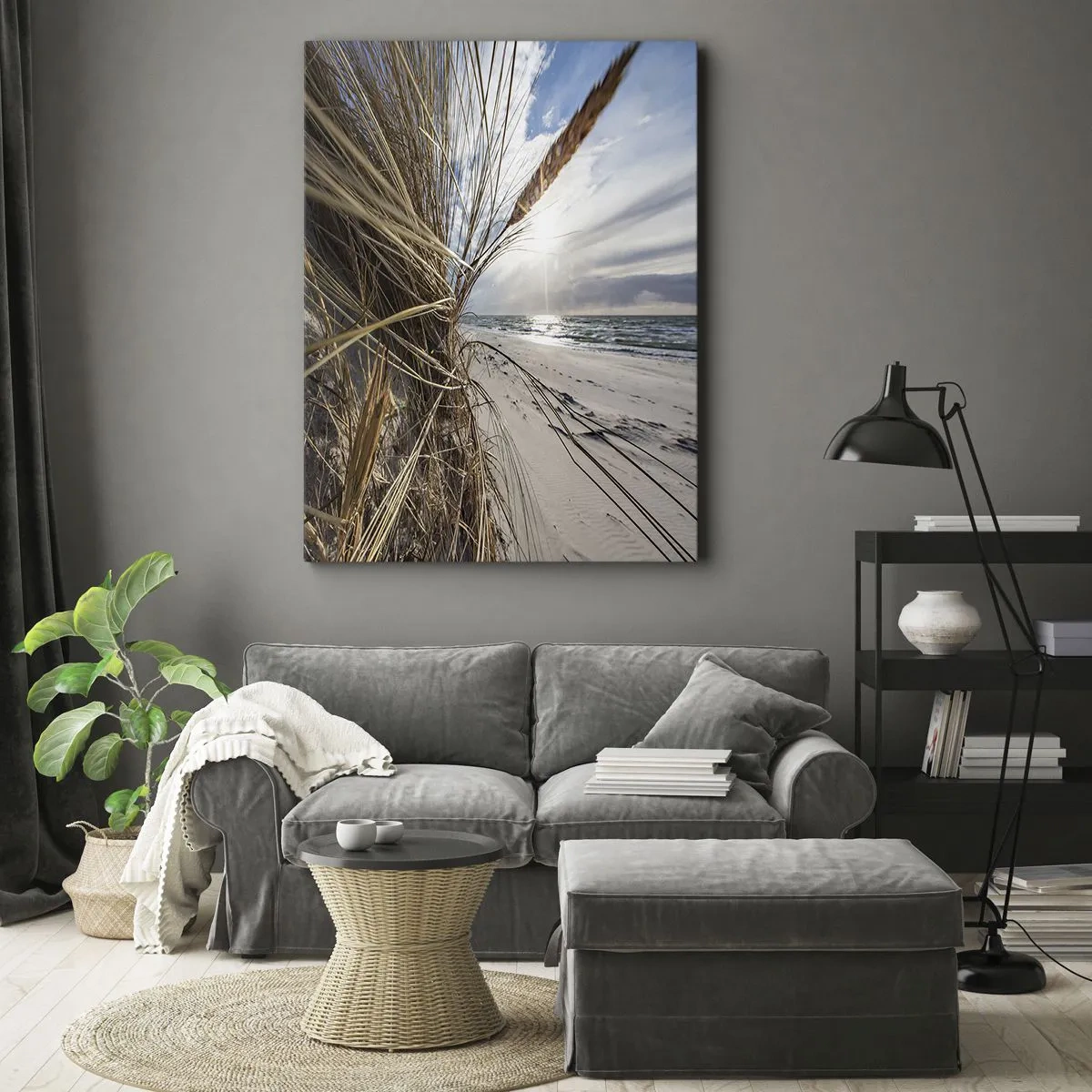 Obraz na płótnie - Plaża z trawą morską na wydmach o zachodzie słońca - 50x70cm - Spotkanie żywiołów - Nowoczesna dekoracja ścienna do salonu, kuchni i sypialni ARTTOR