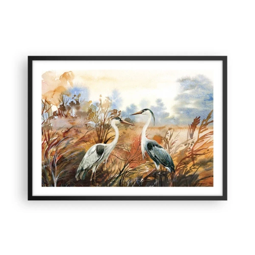 Plakat w czarnej ramie - Dwie czaple na tle jesiennego pejzażu - 70x50cm - Dokąd jesienią? - Nowoczesna dekoracja ścienna do salonu i sypialni ARTTOR