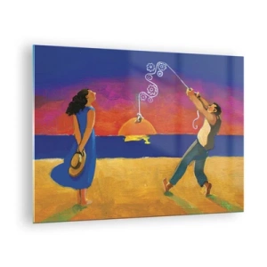 Obraz na szkle - Kolorowa abstrakcja z parą na plaży o zachodzie słońca - 70x50cm - Więcej niż gwiazdka z nieba - Nowoczesna dekoracja ścienna do salonu i sypialni ARTTOR