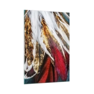 Obraz na szkle - Zbliżenie na wielokolorowe pióra w żywych, intensywnych barwach - 80x120cm - Tajemnice lotu - Nowoczesna dekoracja ścienna do salonu i sypialni ARTTOR