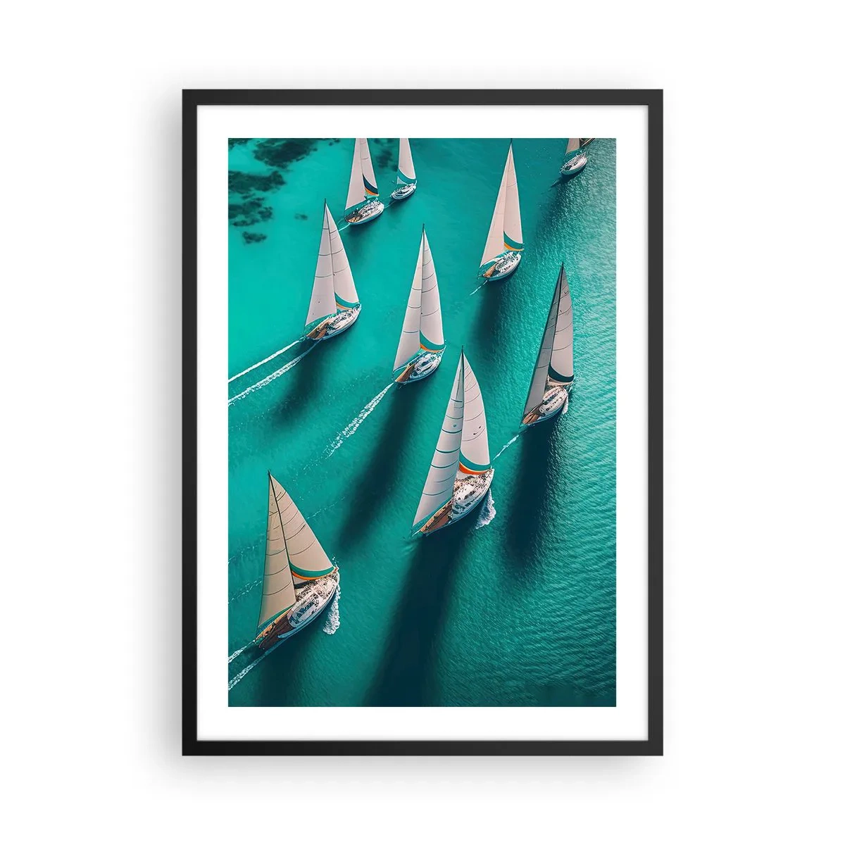 Plakat w czarnej ramie - Regaty żaglowe na turkusowej wodzie - 50x70cm - W zawody z wiatrem - Nowoczesna dekoracja ścienna do salonu i sypialni ARTTOR