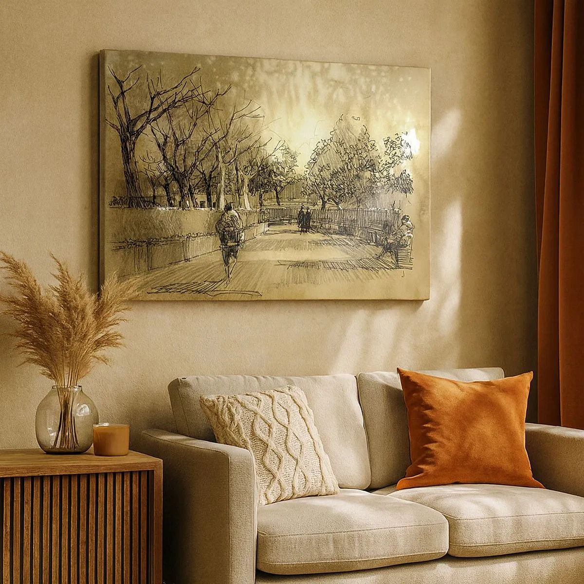 Obraz na płótnie - Rysunkowa scena z parkiem i spacerującymi ludźmi w ciepłych odcieniach - 70x50cm - Piórkiem zatrzymana chwila - Nowoczesna dekoracja ścienna do salonu i sypialni ARTTOR